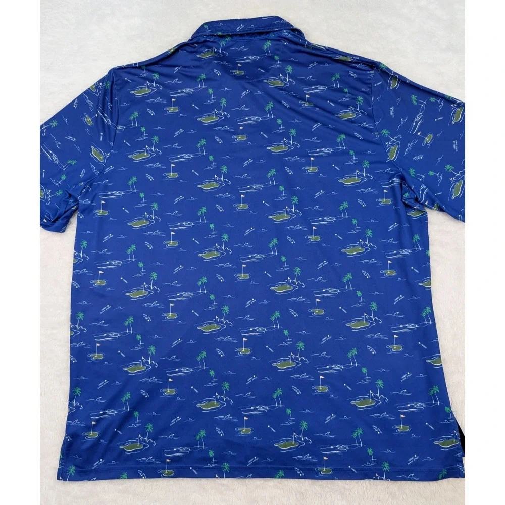 RLX Ralph Lauren Polo Shirt Men's XXL Blue Golf Shark Attack Print Performance